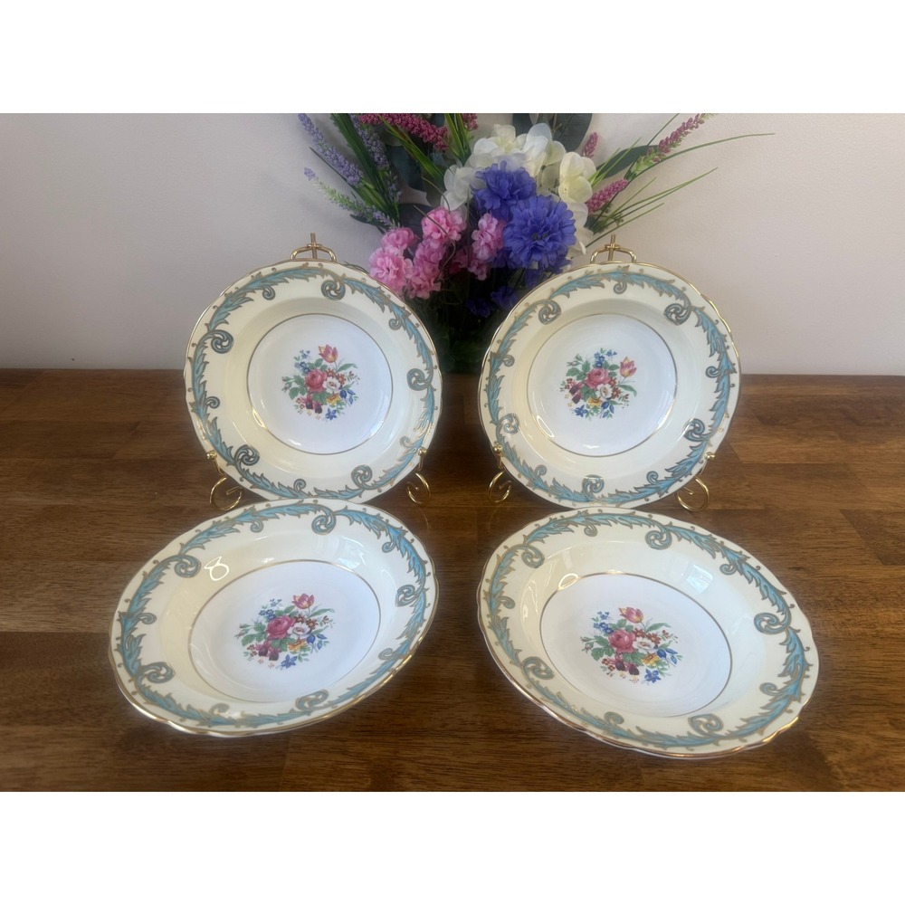 Aynsley England Bone China Soup Bowls Set‎ of 4 Blue Scroll Floral Gold Trim